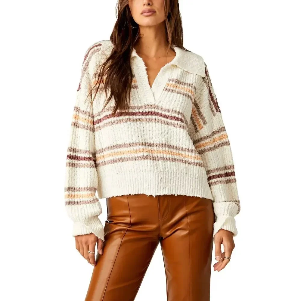 Free People Kennedy Striped Collared Cropped Chunky Knit Sweater Size Large